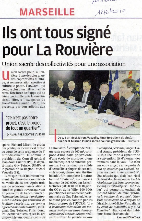 Article de La Provence de 2010 : la naissance officielle du projet de l'Atelier de 'l'USCRM